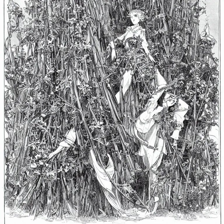 Prompt: a walther caspari illustration in lustige blatter in 1 8 9 9 of a young goddess peering from behind an enormous conical pile of skulls with huge flowers on tall stalks behind her, manga style of kentaro miura