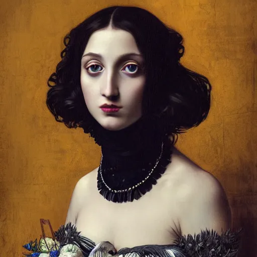 Image similar to full body portrait of a dark haired girl, long hair, pale beautiful gentle face, blue eyes, intricate goth dress, among ravens, highly detailed, deep focus, elegant, digital painting, smooth, sharp focus, golden ratio, illustration, ultra realistic, 8 k, art by artemisia lomi gentileschi and caravaggio