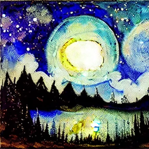 Image similar to a variety of sparkly landscapes at night with stars and a full moon, by bob ross, by leonardo davinci, watercolor, wet on wet, on canvas, starry night