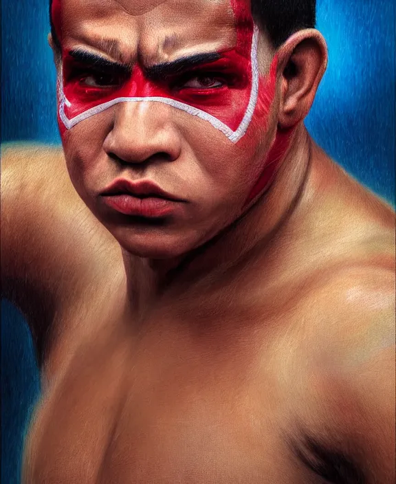 Image similar to heroic portrait of a young mexican wrestler. art by denys tsiperko and bogdan rezunenko, hyperrealism