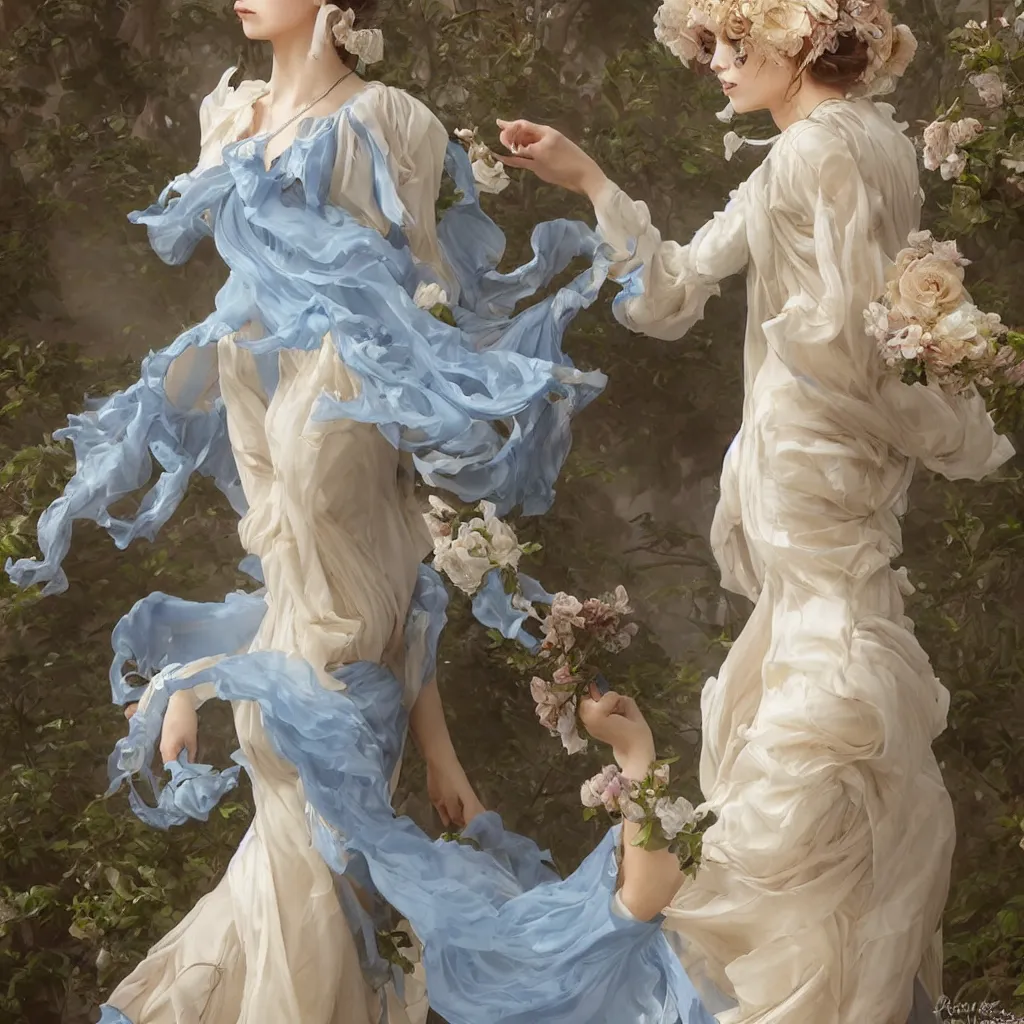 Image similar to one lady dressed in a vaporous wrapped large majestic victorian cream roses silk semi-transparent blue and cream dress fashion is running D&D, fantasy, intricate, elegant, highly detailed, digital painting, artstation, concept art, matte, sharp focus, illustration, art by Artgerm and Greg Rutkowski and Alphonse Mucha