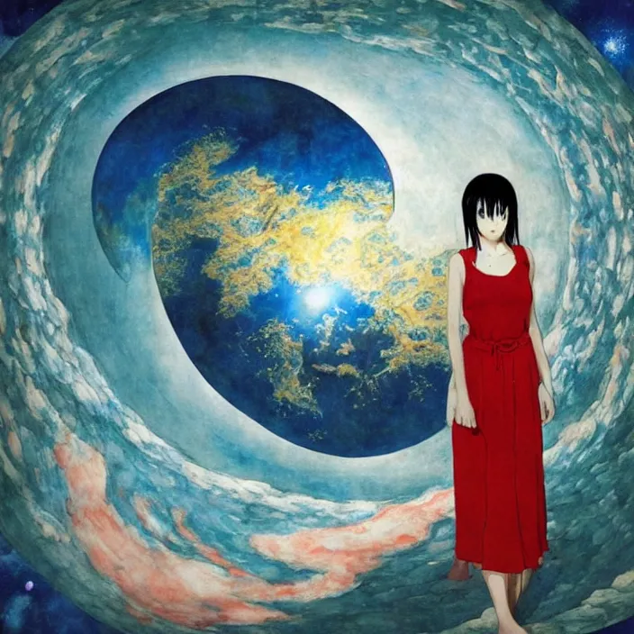 Image similar to Lain Iwakura, Blue Hair Red Eyes Anime Girl, Planet Uranus, Surrealism by David Normal, Eye of Providence by William Blake, william blake art exhibit, surrealism by James McCarthy, space station inside by Maksymilian Novak-Zempliński, River by William Blake, hellscape by William Blake, seascape by James McCarthy with surreal architecture, Surrealism by David Normal--cfg 9