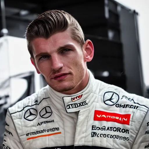 Image similar to a portrait of a mercedes f 1 driver in a white overall with the face of max verstappen, peofessional portrait photography, ambient light