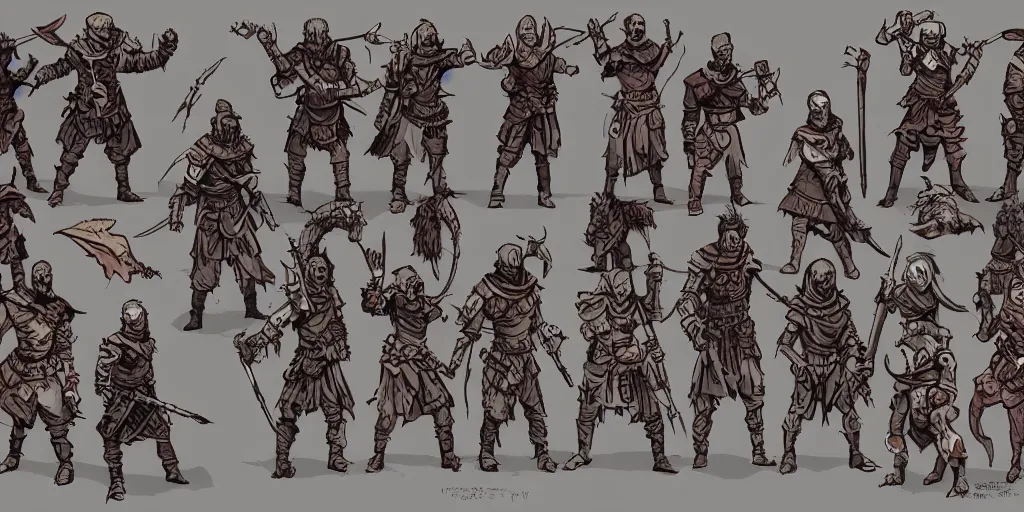 Image similar to warrior enemy character design. idle. attack. sprite sheet, darkest dungeon. pc game. sideview. transparent background. art by moebius and greg rutkowski.