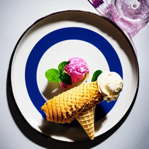 Prompt: photograph of a formal presentation of an ice cream cone on a plate at a fancy avant-garde restaurant