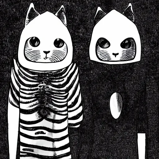 Prompt: black and white illustration creative design, two headed cat, junji ito