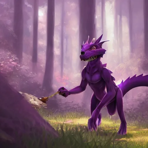 Image similar to concept art painting of an anthropomorphic purple humanoid furry dragon, in the deep forest, realistic, detailed, cel shaded, in the style of makoto shinkai and greg rutkowski and james gurney