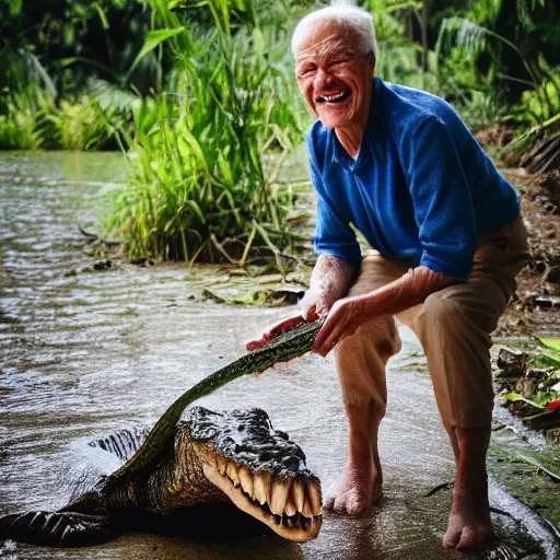 Image similar to elderly man feeding a crocodile, smiling, happy, crocodile, snappy, hungry, jungle, canon eos r 3, f / 1. 4, iso 2 0 0, 1 / 1 6 0 s, 8 k, raw, unedited, symmetrical balance, wide angle