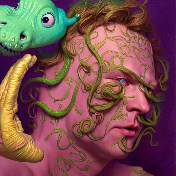 Image similar to psychedelic Sully from Monster’s Inc., Pixar, diffuse lighting, fantasy, intricate, elegant, highly detailed, lifelike, photorealistic, digital painting, artstation, illustration, concept art, smooth, sharp focus, art by John Collier and Albert Aublet and Krenz Cushart and Artem Demura and Alphonse Mucha