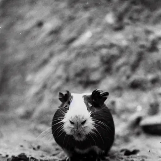 Prompt: a grainy black and white photograph of a guinea pig standing in a trench, ww1, the guinea pig is wearing a russian ww1 uniform