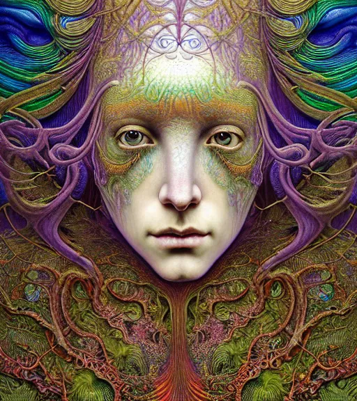 Image similar to detailed realistic beautiful rainbow goddess face portrait by jean delville, gustave dore, iris van herpen and marco mazzoni, art forms of nature by ernst haeckel, art nouveau, symbolist, visionary, gothic, neo - gothic, pre - raphaelite, fractal lace, intricate alien botanicals, biodiversity, surreality, hyperdetailed ultrasharp octane render