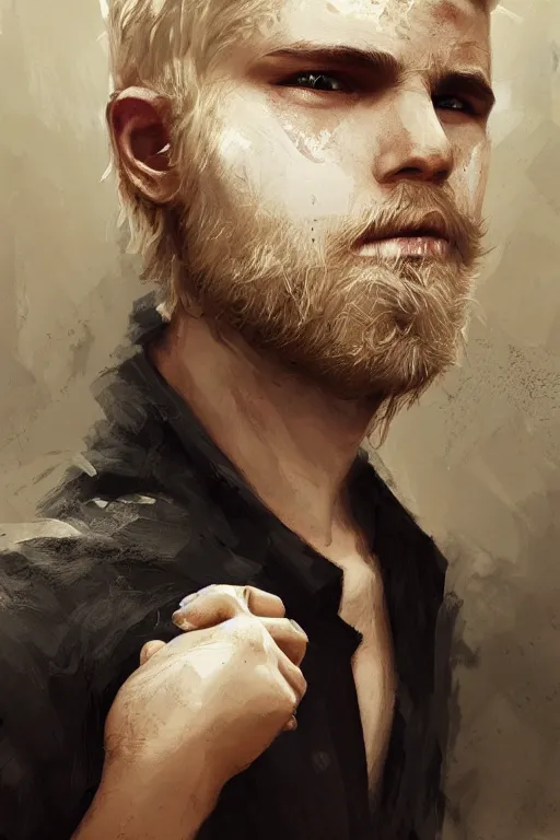 Image similar to blonde wild hair man with a little beard, one black eye - patch, plain white shirt, close - up portrait, powerfull, intricate, elegant, volumetric lighting, scenery, digital painting, highly detailed, artstation, sharp focus, illustration, concept art, ruan jia, steve mccurry