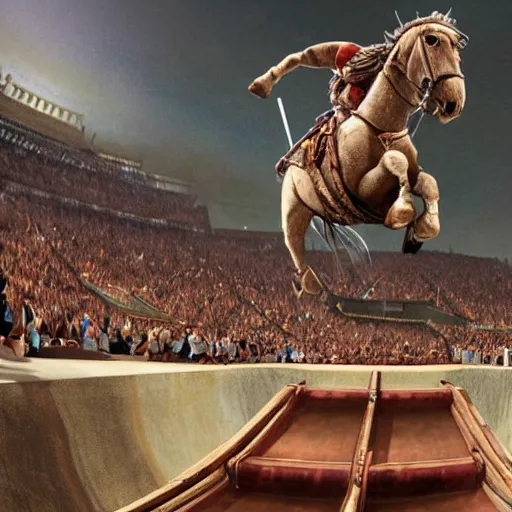 Prompt: roman chariot drawn by horse jumping a half pipe, intense, fish lense, cheering crowd, style of Tony Hawk pro skater