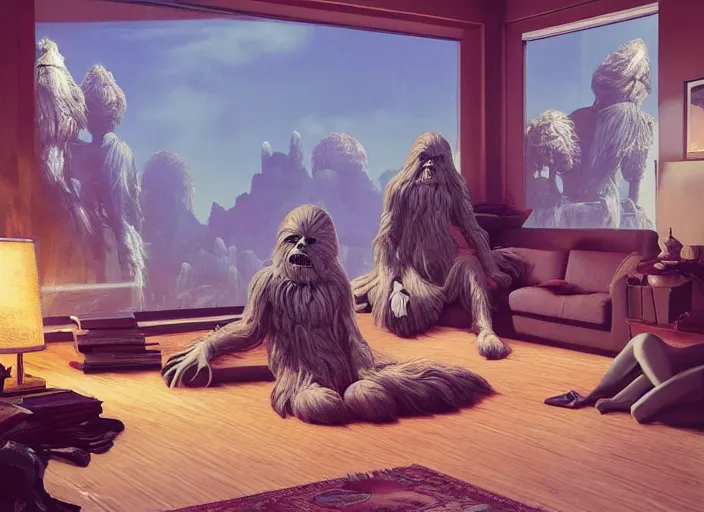 Image similar to wookiee comfy at home trading crypto. the charts are at all time highs, painting by frank frazetta, 3 d rendering by beeple