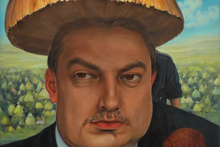 Image similar to portrait of orban viktor sitting under a big mushroom, detailed face, surreal oil painting