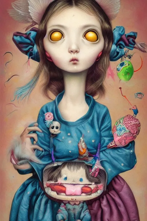 Image similar to pop surrealism, lowbrow art, realistic cute girl painting, japanese street fashion, hyper realism, muted colors, mark ryden, trevor brown style