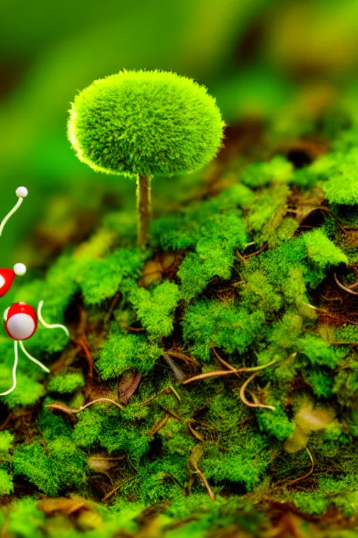 Image similar to pikmin on a mossy forest floor, macro photography