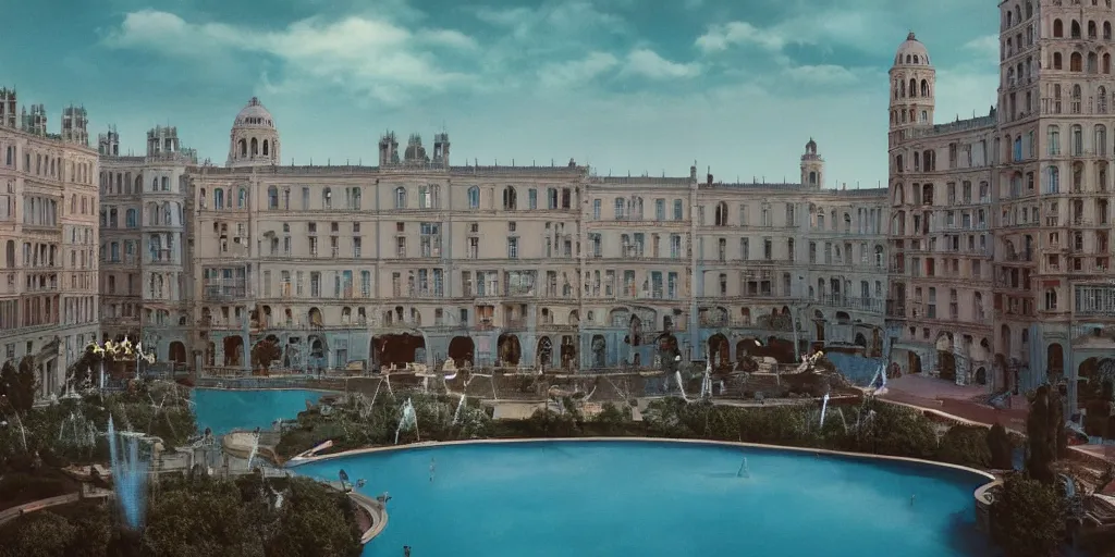 Image similar to a very high resolution image from a new movie, upside - down building and fountain, beautiful scenery, photorealistic, photography, directed by wes anderson