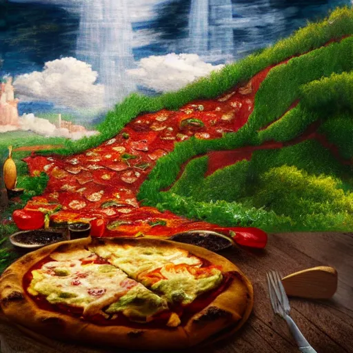 Image similar to highly detailed, high resolution, hyper realistic, 8 k, trending on artstation, landscape nature painting, trees made out of pizza, ground is made of cheese and pepperoni, waterfall made of marinara sauce, clouds are bell peppers, mushrooms