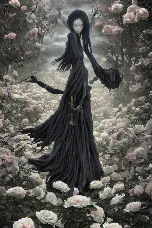 Prompt: Surreal Shinigami of Death Floating in the air, in the middle of a garden of white roses and Dhalias, photo realistic, insanely detailed, mist, trending on artstation, golden ratio, ultra super good realistic 3D render by Gerald Brom