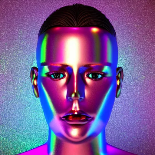 Image similar to 3d render of holographic human robotic head made of glossy iridescent, surrealistic 3d illustration of a human face non-binary, non binary model, 3d model human, cryengine, made of holographic texture, holographic material, holographic rainbow, concept of cyborg and artificial intelligence