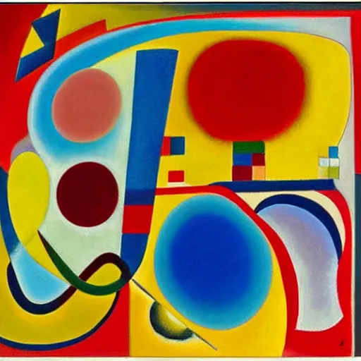 Prompt: oil painting of abstraction, Wassily Kandinsky, composition VII, Till Tesnsion, Heavy Red, In Blue, Jaune-rouge-bleu
