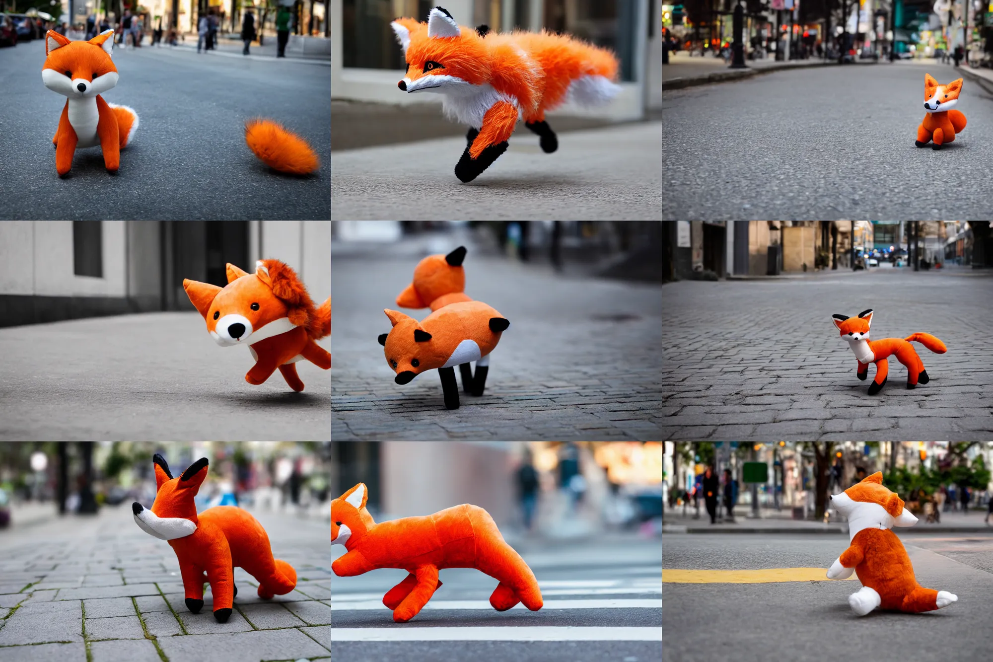 Prompt: A fabric stuffed animal toy fox plushie wagging its tail rapidly while sitting on the sidewalk, dynamic, motion blur, 1/4 shutter speed, award winning photography