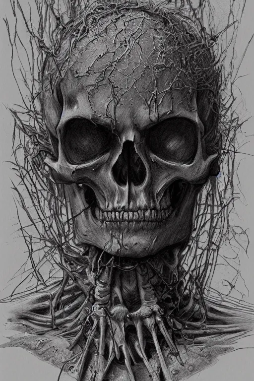 Image similar to crucified skeleton portrait album cover hyper detailed concept art sheet crosshatch sketch illustration art style by Jonathan Wayshak and Toshihiro Egawa and Zdizslaw Beksinski and Artstation trending 8k