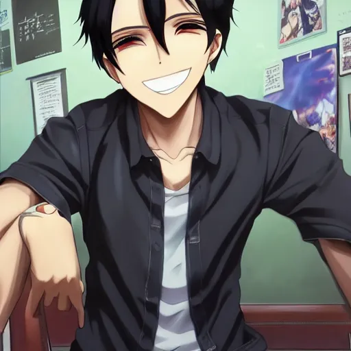 Prompt: aloof anime man with black emo hair wearing jean shorts, standing in headmistress's office, smug grin, smug expression, punchable expression, punchable face, sharp details, subsurface scattering, intricate details, art by artgerm, anime, anime hd wallpaper, 2 0 1 9 anime screenshot