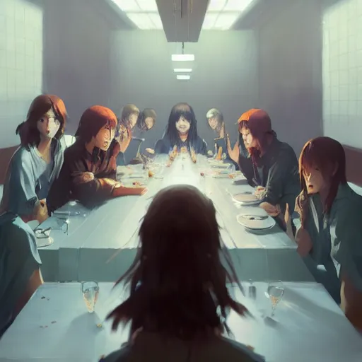 Image similar to the last supper 4 k, concept art, by wlop, ilya kuvshinov, artgerm, krenz cushart, greg rutkowski, pixiv. cinematic dramatic atmosphere, sharp focus, volumetric lighting, cinematic lighting, studio quality