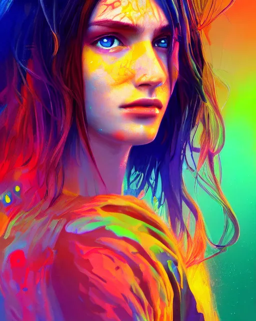 Image similar to colorful portrait of a brunette hippie, but set in the future 2 1 5 0 | highly detailed | very intricate | symmetrical | professional model | cinematic lighting | award - winning | painted by mandy jurgens | pan futurism, dystopian, bold psychedelic colors, cyberpunk, anime aesthestic | featured on artstation