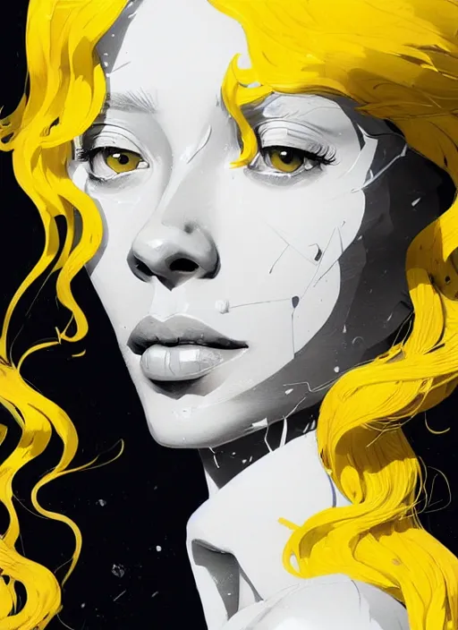 Image similar to highly detailed closeup portrait of beautiful portia doubleday, blonde wavy hair, angela moss, white suit by atey ghailan, by greg rutkowski, by greg tocchini, by james gilleard, by joe fenton, by kaethe butcher, gradient yellow, black and white color scheme, grunge aesthetic!!! ( ( graffiti tag wall background ) )