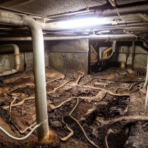 Image similar to deep underground bunker, flooded, dirty water, dense rusty pipes network, dense cables network, mold