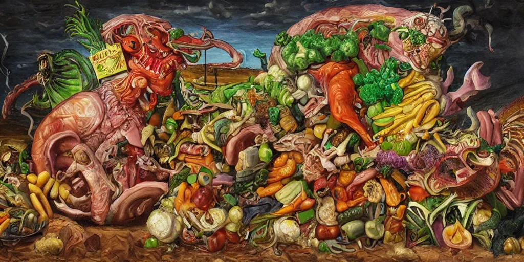 Prompt: a high detailed painting of a monster made of meat, chicken and junk food fighting a monster made of vegetables and fruits, surrealism, magic realism bizarre art