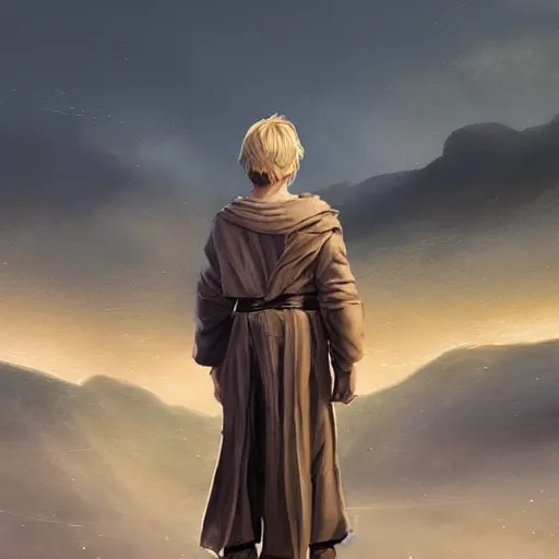 Image similar to full body Over-the-Shoulder Shot of a young blonde male jedi with short hair concept art by Doug Chiang cinematic concept art, realistic painting, high definition, digital art, matte painting, symmetrical, very detailed, realistic, dramatic lighting, cinematic, establishing shot, extremely high detail, photo realistic, cinematic lighting, post processed, concept art, artstation, matte painting, red color scheme, the Mandalorian concept art style