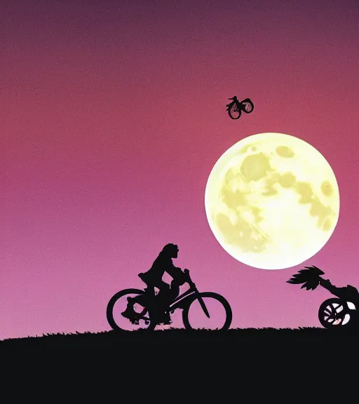 Image similar to a dragon and bike are flying across the full moon as silhouette, from the movie e. t. the extra terrestrial, with dark trees in foreground, cinematic frame by steven spielberg, hd