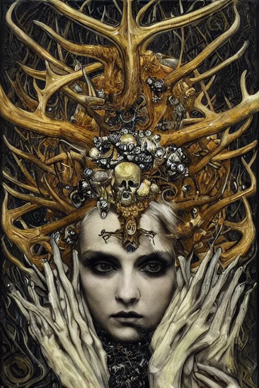 Prompt: The Crown of Bones by Karol Bak, Jean Deville, Gustav Klimt, and Vincent Van Gogh, mystic eye, otherworldly, crown made of bones, antlers, horns, ornate jeweled crown, skull, fractal structures, arcane, inferno, inscribed runes, infernal relics, ornate gilded medieval icon, third eye, spirals, rich deep moody colors