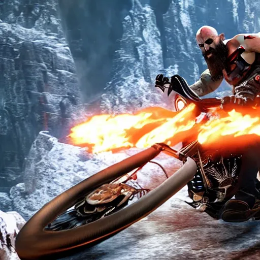 Image similar to kratos jumping a black harley - davidson motorcycle off a cliff, cinematic render, playstation studios official media, god of war 2 0 1 8, flames, centered