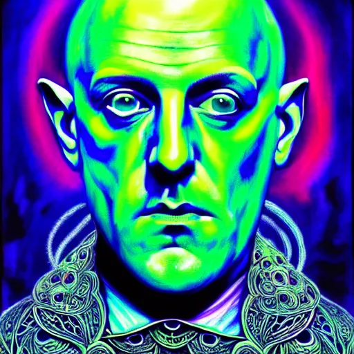 Image similar to An extremely psychedelic portrait of AleisterCrowley, surreal, LSD, face, detailed, intricate, elegant, lithe, highly detailed, digital painting, artstation, concept art, magical, magic, magick, Occult, smooth, sharp focus, illustration