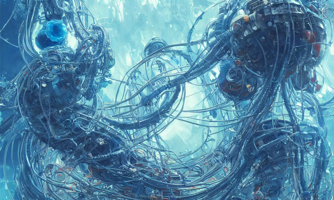 Image similar to a hyper detailed painting of a cyberpunk jellyfish, cables everywhere, blue tones, underwater, highly detailed, digital painting, artstation, concept art, smooth, sharp focus, illustration, art by artgerm and greg rutkowski and alphonse mucha