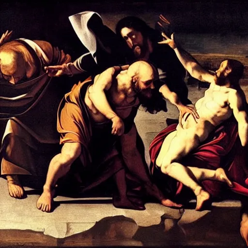 Image similar to Jesus Christ joining forces with Satan, God betrays humanity, Doom of mankind, Caravaggio