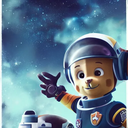 Prompt: highly detailed portrait of a young astronaut paw patrol Chase by Dustin Nguyen, Akihiko Yoshida, Greg Tocchini, Greg Rutkowski, Cliff Chiang, 4k resolution, nier:automata inspired, bravely default inspired, vibrant but dreary blue, black and white color scheme!!! ((Space nebula background))