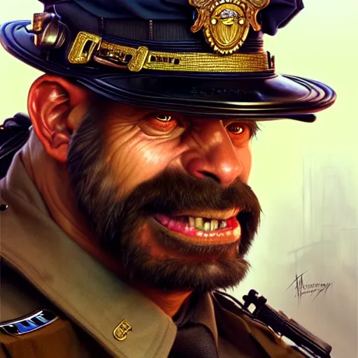 Prompt: portrait painting of a friendly bugbear police officer, ultra realistic, concept art, intricate details, eerie, highly detailed, photorealistic, octane render, 8 k, unreal engine. art by artgerm and greg rutkowski and magali villeneuve and alphonse mucha