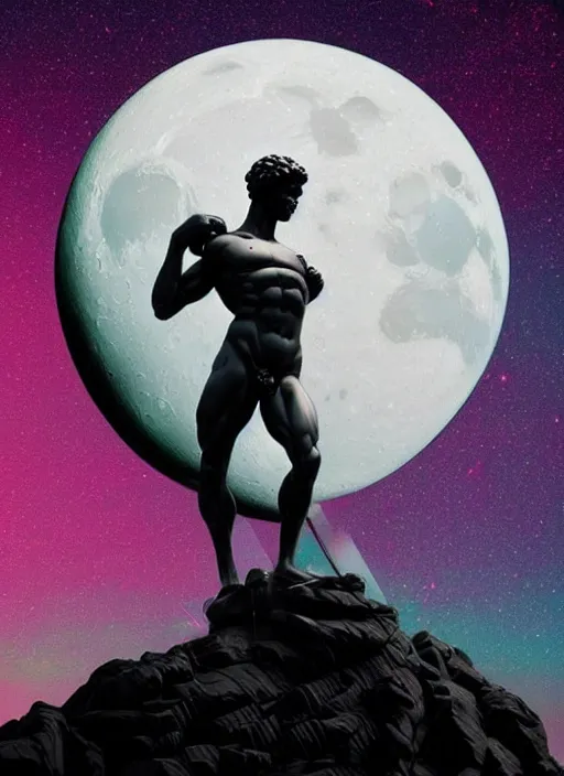 Image similar to statue of atlas, moon in the background, beeple, vaporwave, retrowave, black background, neon wiring, black, glitch, strong contrast, cuts, pinterest, trending on artstation