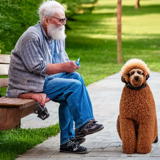 Prompt: old man sitting on a bench with a poodle, award winning cartoon