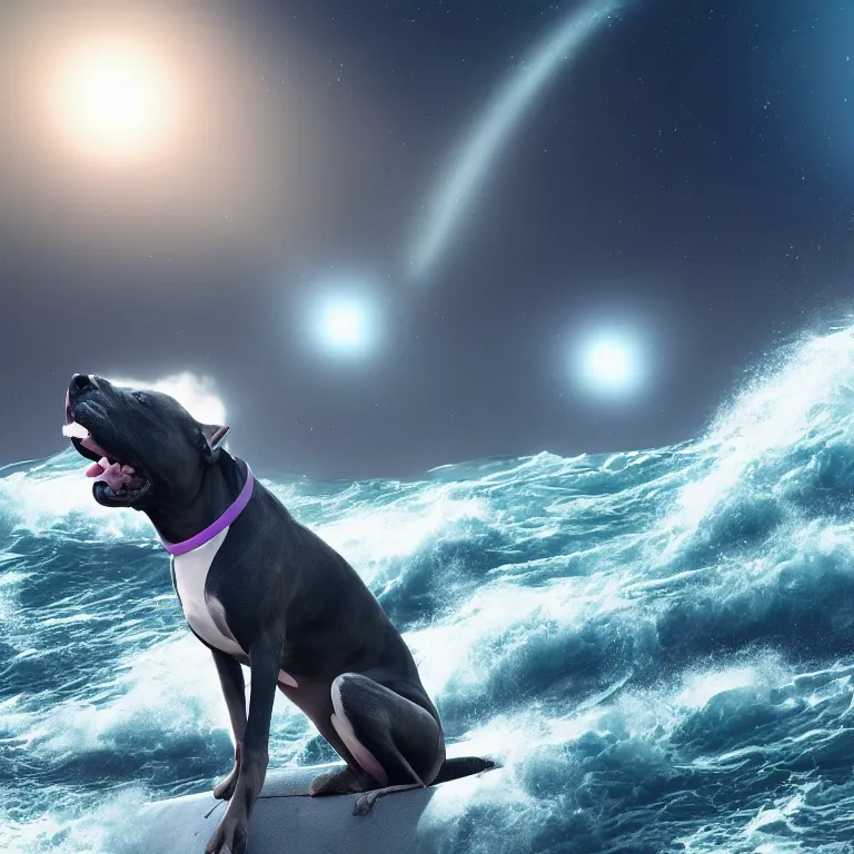 Image similar to photo of a skinny dark gray coat pit bull with a white paws and a white nose!, surfing on a surfboard in a crashing wave of alien galaxy, trending on art station, ocean in space, background is an alien galaxy, aliens in the background, alien colors, octane render, unreal engine, wide view, 8 k, highly detailed