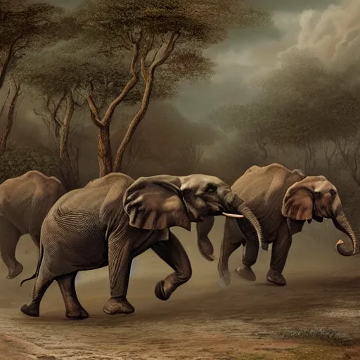 Prompt: the grand duke, leading a herd of elephants to market, fantasy, digital illustration, intricate