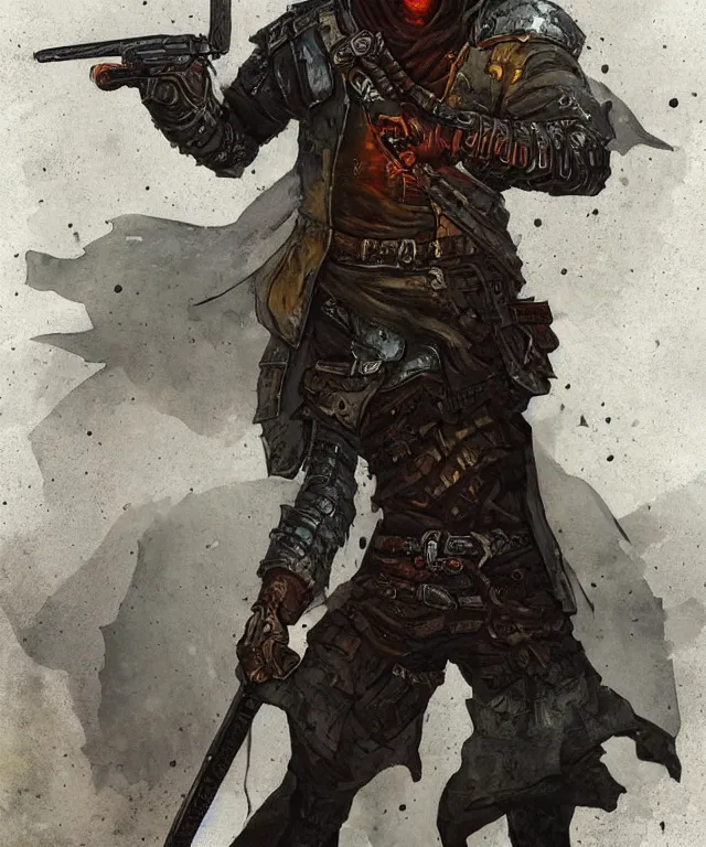 Image similar to a oil / watercolor painting full body character portrait of a gunslinger / paladin in the style of dark souls in the style of darkest dungeon trending on artstation deviantart pinterest detailed realistic hd 8 k high resolution