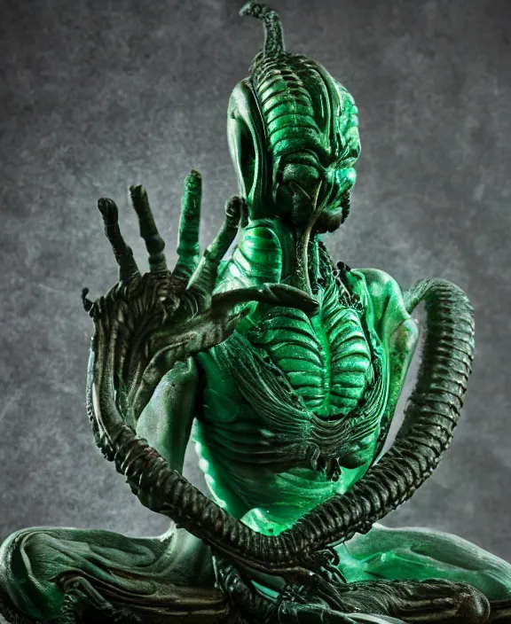 Image similar to xenomorph buddha meditation model hybrid, dragon eggs, dark emerald mist colors, giger background liminal void, cinematic lighting, realistic, award winning photograph, various refining methods, micro macro autofocus