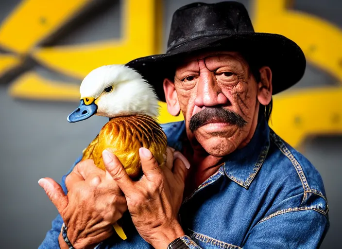 Image similar to photo still of danny trejo at the county fair!!!!!!!! at age 5 6 years old 5 6 years of age!!!!!!!! holding a baby duck he won, 8 k, 8 5 mm f 1. 8, studio lighting, rim light, right side key light